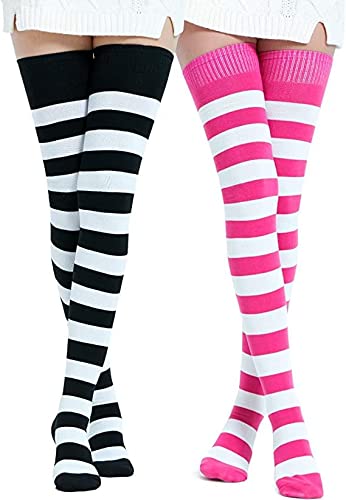 BABAHU Womens Extra Long Cotton Stripe Thigh High Socks Over the Knee High Socks - Black/White & Fuschia/White