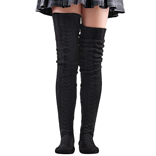 LittleForBig Thigh High Boot Socks Extra Long Over The Knee Cable Knitted Stockings - L - Black