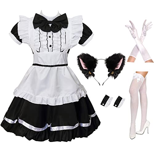 maxToonrain Maid Costume Set,Women Fancy Dress Anime Lolita French Valentines Day Maid Outfit with Gloves Socks for Womens Girls … - A-black - S