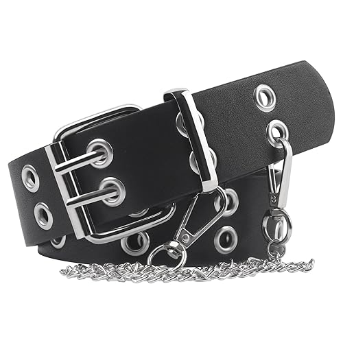 Thboxes Double Grommet Belt, PU Leather Eyelet Belt Black Goth Waist Belt Punk Belt with Chain and 2 Holes for Women Men Jeans Skirts or Dresses