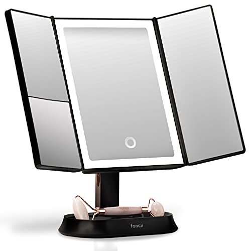 Fancii Large Makeup Mirror with Natural LED Lights, Lighted Trifold Vanity Mirror with 5x & 7x Magnifications - Dimmable Lights, Touch Screen, Cosmetic Stand - Sora (Black) - Black