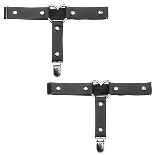 ALLY-MAGIC Women Adjustable Leather Thigh Garter, Heart Shaped Leg Garter with Clips Punk Goth Garters for Thigh-high Socks Y9-DTDW (Black) - Black