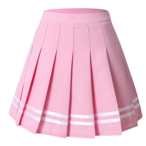 Hoerev Women Girls Short High Waist Pleated Skater Tennis School Skirt - Pink With Stripes - 10