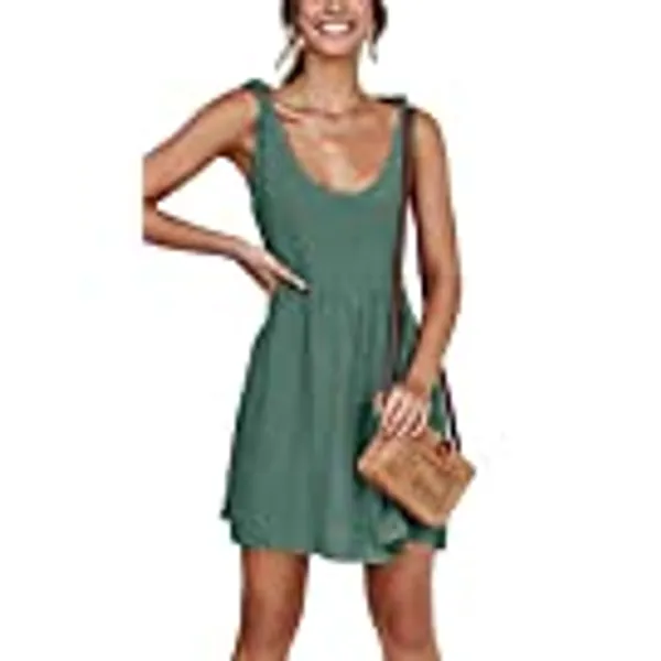 CNJFJ Womens Summer Shoulder Tie Strap Babydoll Dress Casual Scoop Neck A-Line Skater Swing Mini Sundress