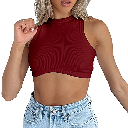 Abardsion Women's Crew Neck Racerback Knit Ribbed Basic Sleeveless Crop Tank Tops - Burgundy - Small