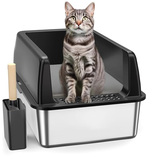 Stainless Steel Litter Box,Extra Large XL Cat Litter Box with High Sides for Big and Multiple Cats,Metal Litter Cat Litter Box Non-Sticky & Anti-Urine Leakage,Include Litter Scoop,Easy to Clean - Upgrade Black