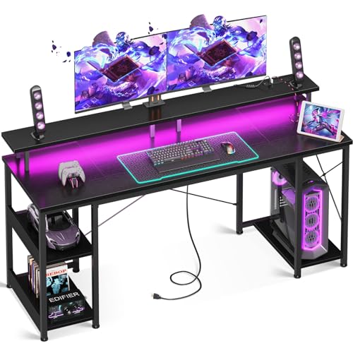 ODK 55 inch Gaming Desk with LED Lights & Power Outlets, Computer Desk with Monitor Stand & Storage Sheves, CPU Stand, Home Office Desk, Black - 55 Inches - Black