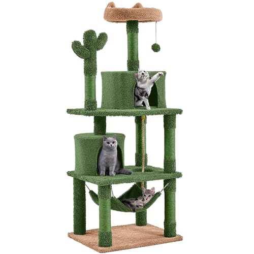 Yaheetech 62in Cactus Cat Tree Multi Level Cat Tower Activity Center Large Cat Condo w/Scratching Posts & Hammock & Dangling Ball, Cat Furniture for Indoor Cats - Green/Brown - 62in