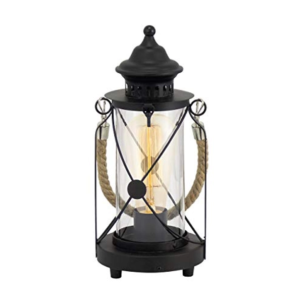 EGLO lampada da tavolo Bradford, lampada da tavolo vintage a uno punto luce, lanterna, lampada da comodino in acciaio, nero, trasparente, presa E27, interruttore incl