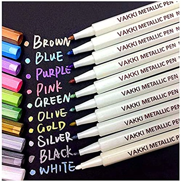 Pennarelli Metallici, Metallic Marker Penne 10 Colori Vakki Penne Metallici Ideali per Scatole e Biglietti, Funziona su Qualsiasi Tipo di Carta e Superfici in Vetro, Plastica, Ceramica e Legno