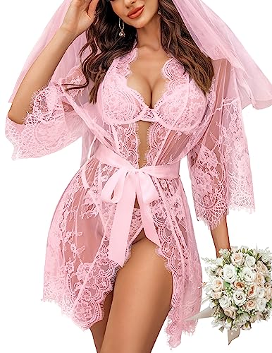 Avidlove Women's Lace Kimono Robe Babydoll Lingerie Mesh Nightgown S-5XL - Pink - Small