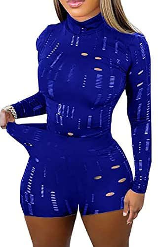 Women's Sexy See Through Mesh 2 Piece Outfits Jumpsuit Hollow Out Top High Waist Legging Pant Set - Small - 2-blue