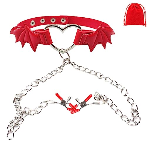 Nipple Clamps Necklaces with Chain for Women Sexy Nipple Ring with Necklaces Adjustable Nipple Noose Fake Nipple Ring Non Piercing Nipple Jewelry - Red-2