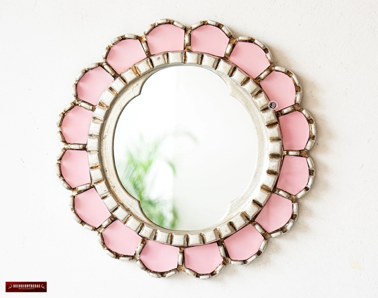 Peruvian Accent Round Mirror wall 12.2&quot;, Pink reverse-painted glass wall mirror room decor, Contemporary mirror nursery wall &quot;Soft Pink&quot;