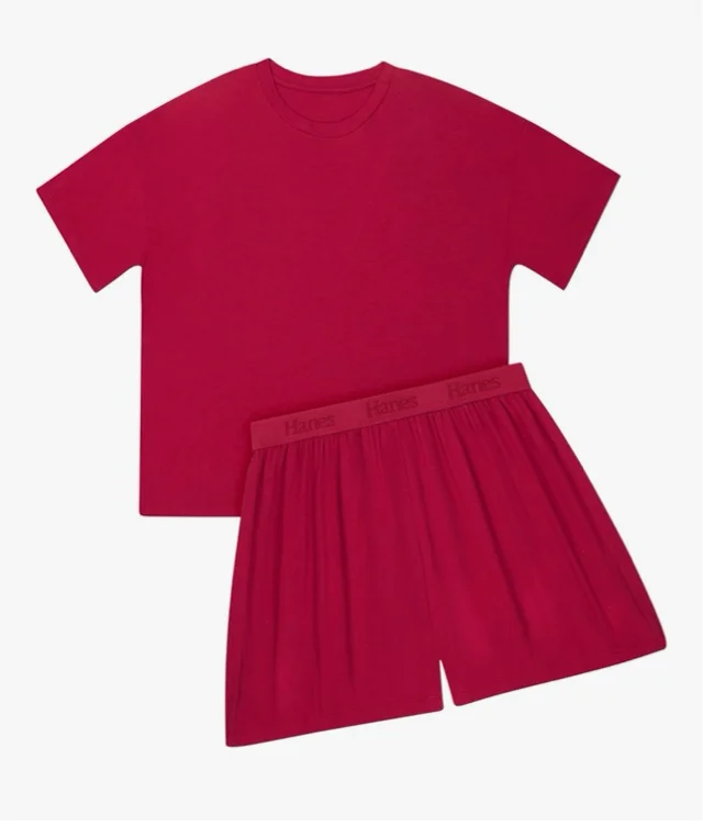 Hanes Women's Originals 2 Piece Lounge, Comfywear Supersoft Boxy T-Shirt & Sleep Shorts Loungewear Set - Large - Rosey Red/Rosey Red