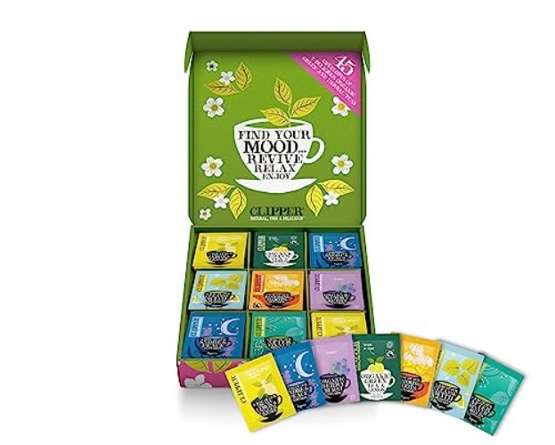 Clipper Tea Organic Herbal & Green Tea Selection Gift Box|Organic, Eco Friendly & Fair Trade| Assorted Individually Wrapped Tea Bags |1 Sampler box with 45 Unbleached Tea Bags