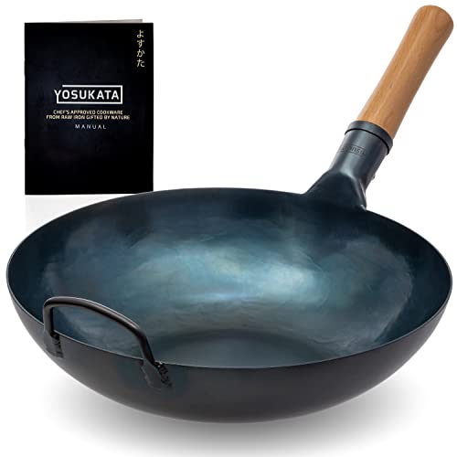 YOSUKATA Flat Bottom Wok Pan - 34 cm/13.5" Blue Carbon Steel Wok- Preseasoned Carbon Steel Skillet - Traditional Japanese Cookware- Carbon Steel Pan for Electric Induction Cooktops Woks/Stir Fry Pans - 13.5" - Blue