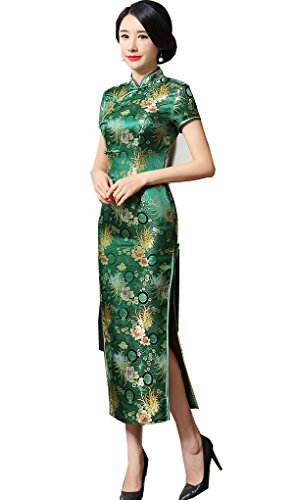 Shanghai Story Chinese Dress Long Cheongsam Satin Qipao for Women - 12 - Green
