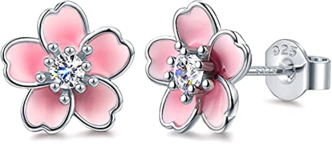 Pink Flower Earrings for Women, 925 Sterling Silver Stud Earrings, Cute Plumeria Earrings For Girl, Cherry Blossom Hypoallergenic Stud - Pink