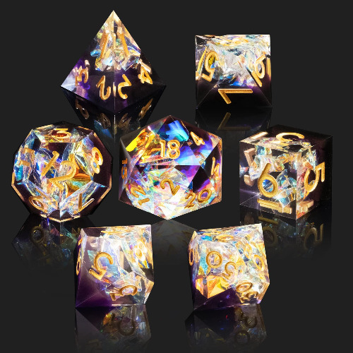 Cttasty DND Dice Set Resin Sharp Edge Dice Set Handmade 7pcs Polyhedral Dice Set DND RPG MTG Role Playing Game Dice Set D&D Dice with Gift Case for DND Dungeons and Dragon (White-Violet) - Universe