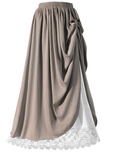 VJQUMM Women Steampunk Victorian Renaissance Elastic Waist Double Layers Skirt - XX-Large - Brown