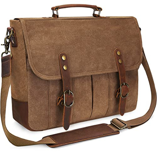 Mens Messenger Bag 15.6 Inch Waterproof Vintage Genuine Leather Waxed Canvas Briefcase Retro Office Computer Laptop Bag Large School Satchel Shoulder Bag for Men Women, Brown - Brown