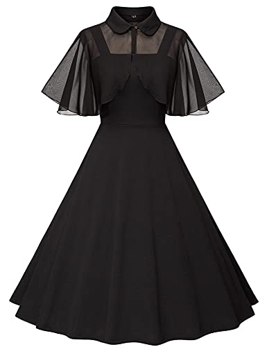 Milreason 1950s Dresses for Women Vintage Goth Swing Cocktail Dress with Pockets and Chiffon Shawl - Black - XX-Large