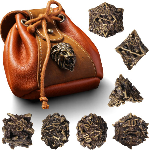 DNDMASTER Hollow Metal DND Dice Set - Unique Dragon Design Dice with Gift Dice Bag for Dungeons & Dragon Gaming, Dice Set with Drawstring Leather DND Dice Pouch Storage Bag - Bronze
