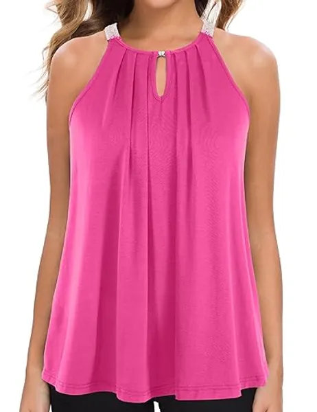 MANER Women's Tank Top Casual Halter Top Summer Flowy Cami Loose Fit Sleeveless Shirts - Hot Pink - X-Large