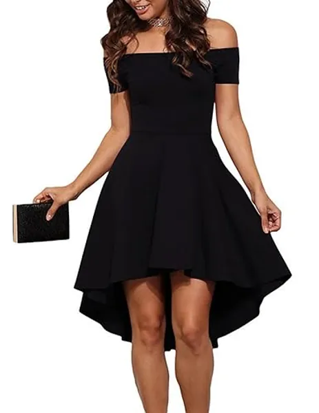 Sarin Mathews Womens Off The Shoulder Short Sleeve High Low Cocktail Skater Dress - X-Large - Black