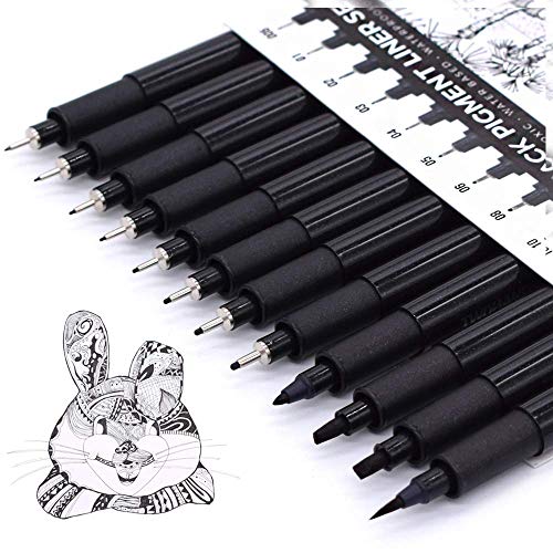 TWOHANDS Art Pens,Fineliner Ink Pens,Set of 12 Technical Drawing pen,Pigment Pen,Fine Point,Black,Waterproof,for Art Watercolor,Sketching,Anime,Manga, 902188
