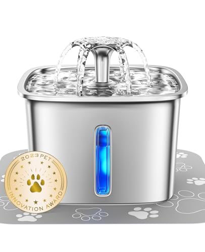 Veken Innovation Award Winner Stainless Steel Cat Water Fountain, 95oz/2.8L Automatic Pet Fountain Dog Water Dispenser with Replacement Filters & Silicone Mat for Cats, Dogs, Multiple Pets (Silver) - Silver