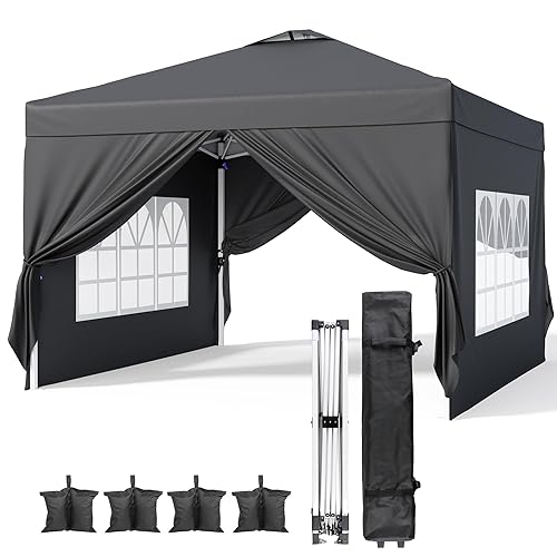 Bealife 10'x10' Pop-up Canopy Tent with 4 Removable Sidewalls, Easy up Outdoor Party Canopy with 4 Sandbags, 8 Stakes, 4 Ropes, Roller Bag, Gazebo Tent for Beach, Party, Patio, Yard, Black - Black