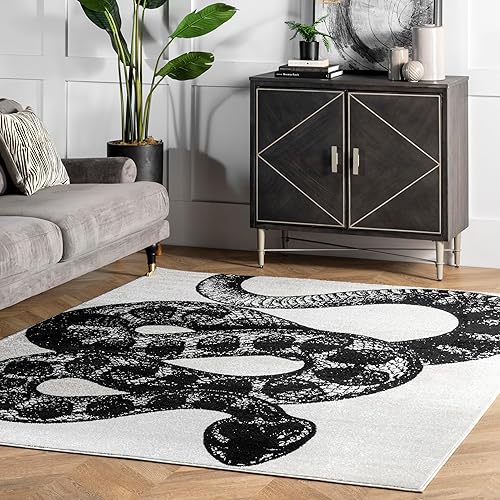 nuLOOM 4x6 Thomas Paul Serpent Area Rug, Black & Off White, Snake Design, Non-Slip Backing, Stain Resistant, For Bedroom, Dining Room, Living Room, Hallway, Office, Kitchen, Entryway - Black and White - 4' x 6'