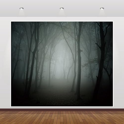 Halloween Misty Forest Photo Backdrop 10x8ft Scary Misty Woods Halloween Party Birthday Picture Backdrop Photography Dark Mystery Forest Kids Halloween Trunk or Treat Background Decoration Supplies - 10′x8′
