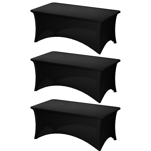 Fixwal 3 Pack Black Table Cloth for 6 Foot Rectangle Tables, Rectangular Tablecloths Stretch Spandex Fitted Table Covers 6 ft for Parties, Trade Shows, Banquet, Weddings, Buffet - Black - 6ft
