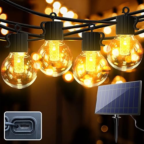 57ft(50+7) 50LED Solar Outdoor Lights Waterproof with Brighter Solar Powered, Ambience Solar String Lights with 4 Lighting Modes & Plastic G40 Bulbs & USB Ports for Patio Deck Pergola Gazebo Camping - 57ft
