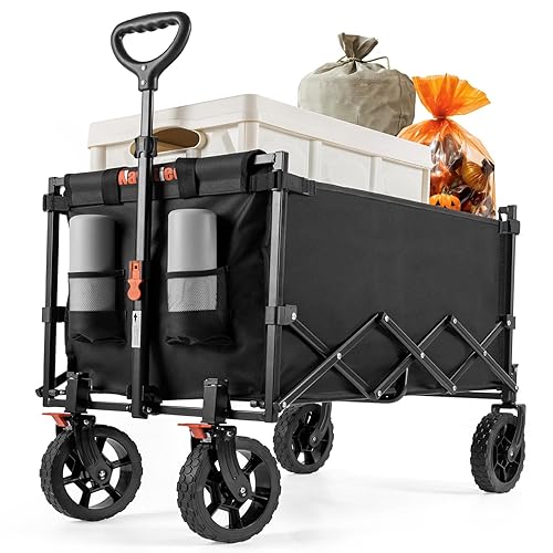 Navatiee Wagon Cart Heavy Duty Foldable, Collapsible Wagon with Smallest Folding Design, Utility Grocery Wagon for Camping Shopping Sports - Black
