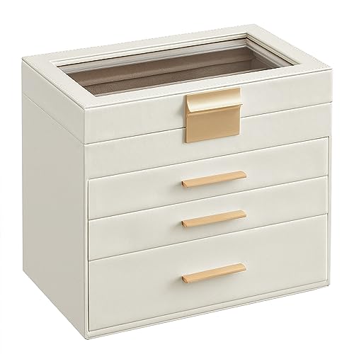 SONGMICS Jewellery Box with Glass Lid, 4-Tier Jewellery Organiser, 3 Drawers, for Sunglasses, Big Jewellery, Jewellery Storage, Modern Style, Cloud White and Gold Colour JBC161W01 - Cloud White + Gold - 4-Tier