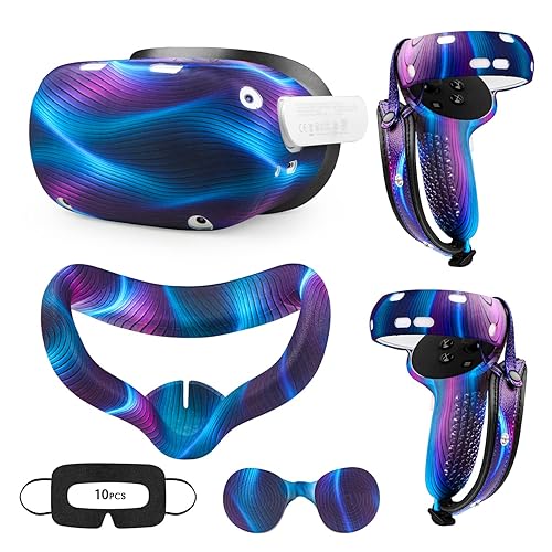 Relohas Accessories for Oculus Quest 2, VR Accessory Set for Meta Quest 2, Include Controller Grip Leather Cover, VR Shell Cover, Face Cover, The Best Gifts for Christmas and Halloween(Aurora Blue) - 1-Aurora Blue