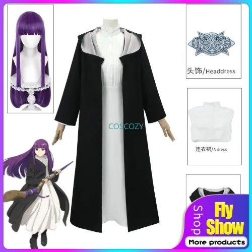 Anime Frieren Beyond Journey's End Fern Cosplay Costume White Long Dress and Black Robe Purple Wig Headwear Halloween Suit