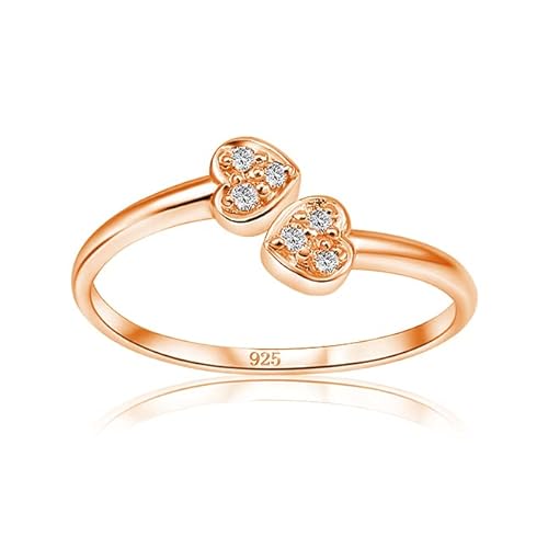 Hoops & Loops 925 Sterling Silver Double Heart Cubic Zirconia Open Toe Ring for Women Teen Girls Men - Rose Gold