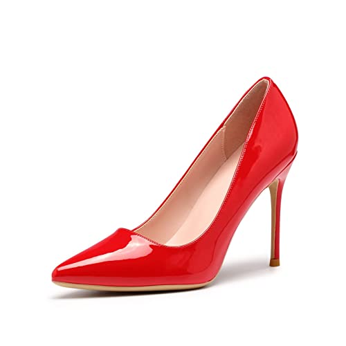 Elisabet Tang High Heels, Womens Pointed Toe Slip on Stilettos Party Wedding Pumps Basic Shoes - 7 - Red