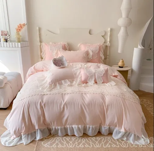 4 IN 1 Bedding Set With Lace Flounce Queen King Size Bow Decoration Japanese Style Duvet Cover Bedsheet Pillowcase