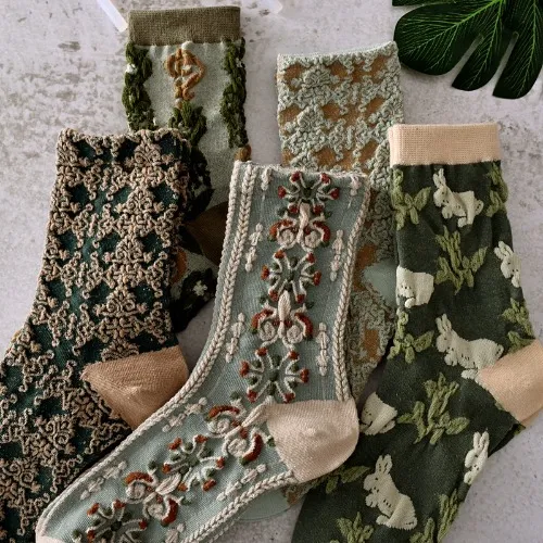 Cotton Socks Three-Dimensional Jacquard Mid-Tube Spring Autumn Women Harajuku Style Stockings Vintage Fashion