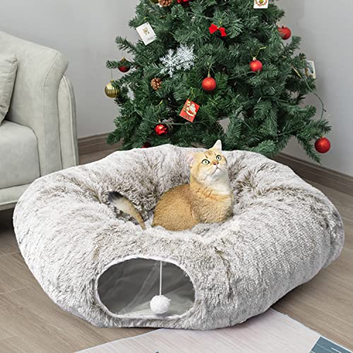 AUOON Cat Tunnel Bed with Central Mat,Big Tube Playground Toys,Soft Plush Material,Full Moon Shape for Kitten,Cat,Puppy,Rabbit,Ferret (Khaki) - Khaki
