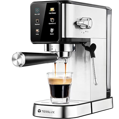 tesslux Espresso Machine 20 Bar, Dual Boiler Coffee Maker with Touch Control, Compact Espresso Maker for Home, Milk Frother Wand for Cappuccino & Latte - Sliver