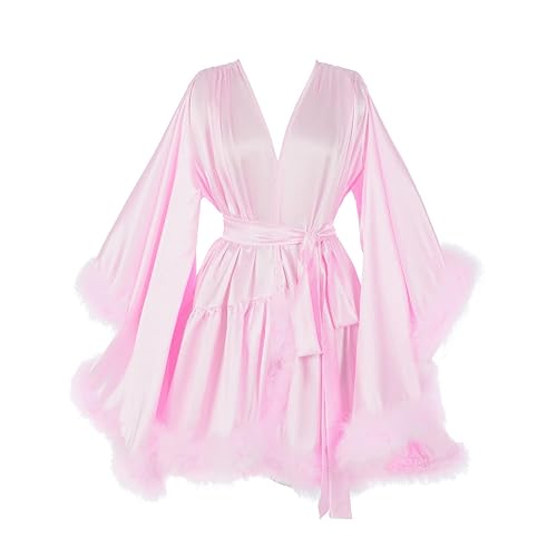 Women's Feather Fur Robe Silk Satin Bridal Dressing Gown Sexy Illusion maternity lingerie for photoshoot - 3X-Large - Blush Pink