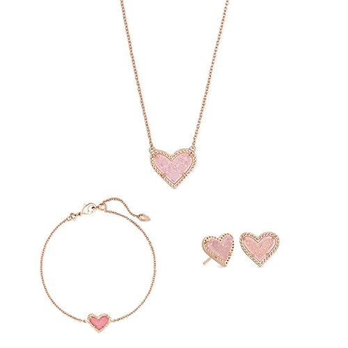 Kendra Scott Ari Heart Adjustable Length Pendant Necklace, Ari Heart Stud Earrings, and Ari Heart Link Chain Bracelet Bundle, Fashion Jewelry, 14K Rose Gold-Plated, Pink Drusy
