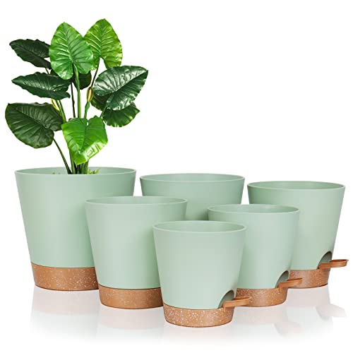 Warmplus Self-Watering Plant Pots Indoor, 20/17.5/16.5/15/14/12.5cm Plastic Flowerpots with Drainage Holes Saucer and Reservoir, Indoor Modern Decorative Planters for All House Plants, Green - Green